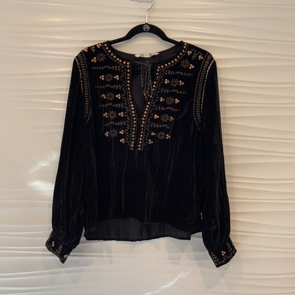 NWT Zara luxury minimalist bohemian embroidered velvet blouse/top - Picture 6 of 14